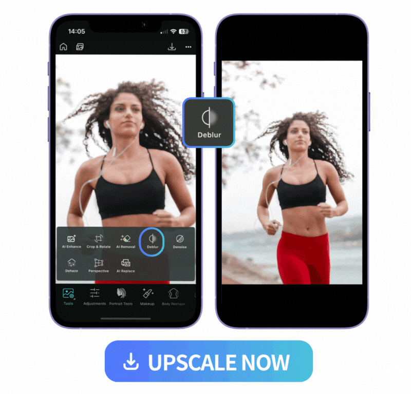 collage UI of PhotoDirector's Edit features and deblurred image